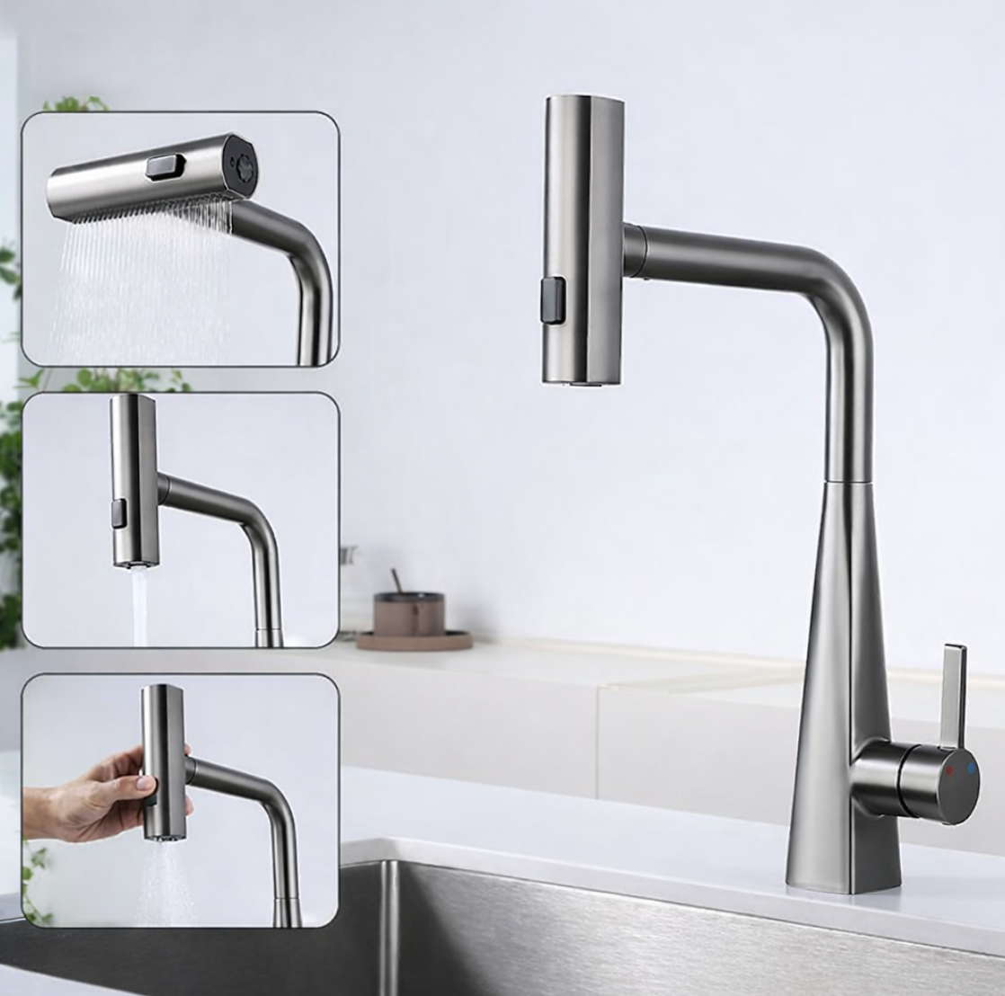 Grifo 360° con Triple Función – Spray, Chorro y Agua Fría/Caliente